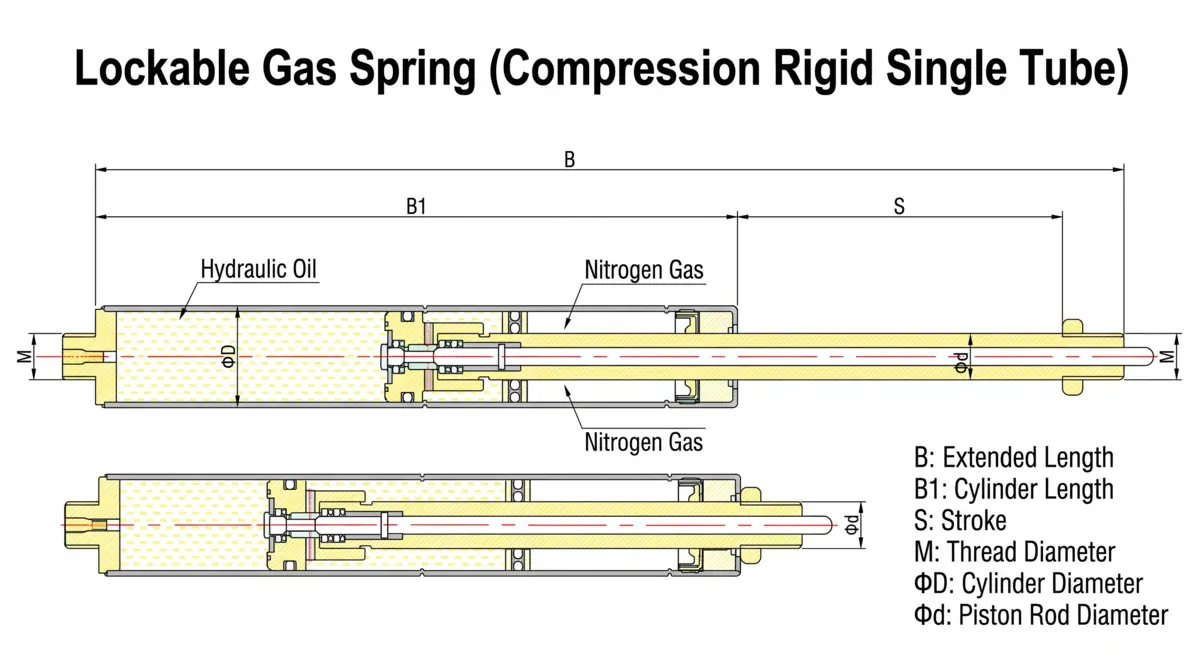 Custom gas spring design dimensional schematic showing B, B1, S, D, d and M parameters