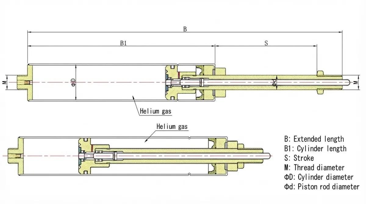 Elastic lockable gas spring dimensional schematic drawing