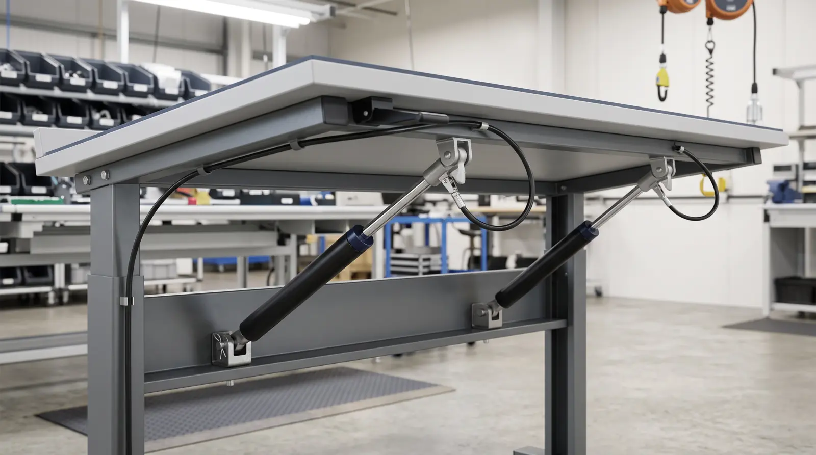 Ergonomic tilting assembly workbench and fixture table locked in position by Newton NTA rigid locking industrial gas struts