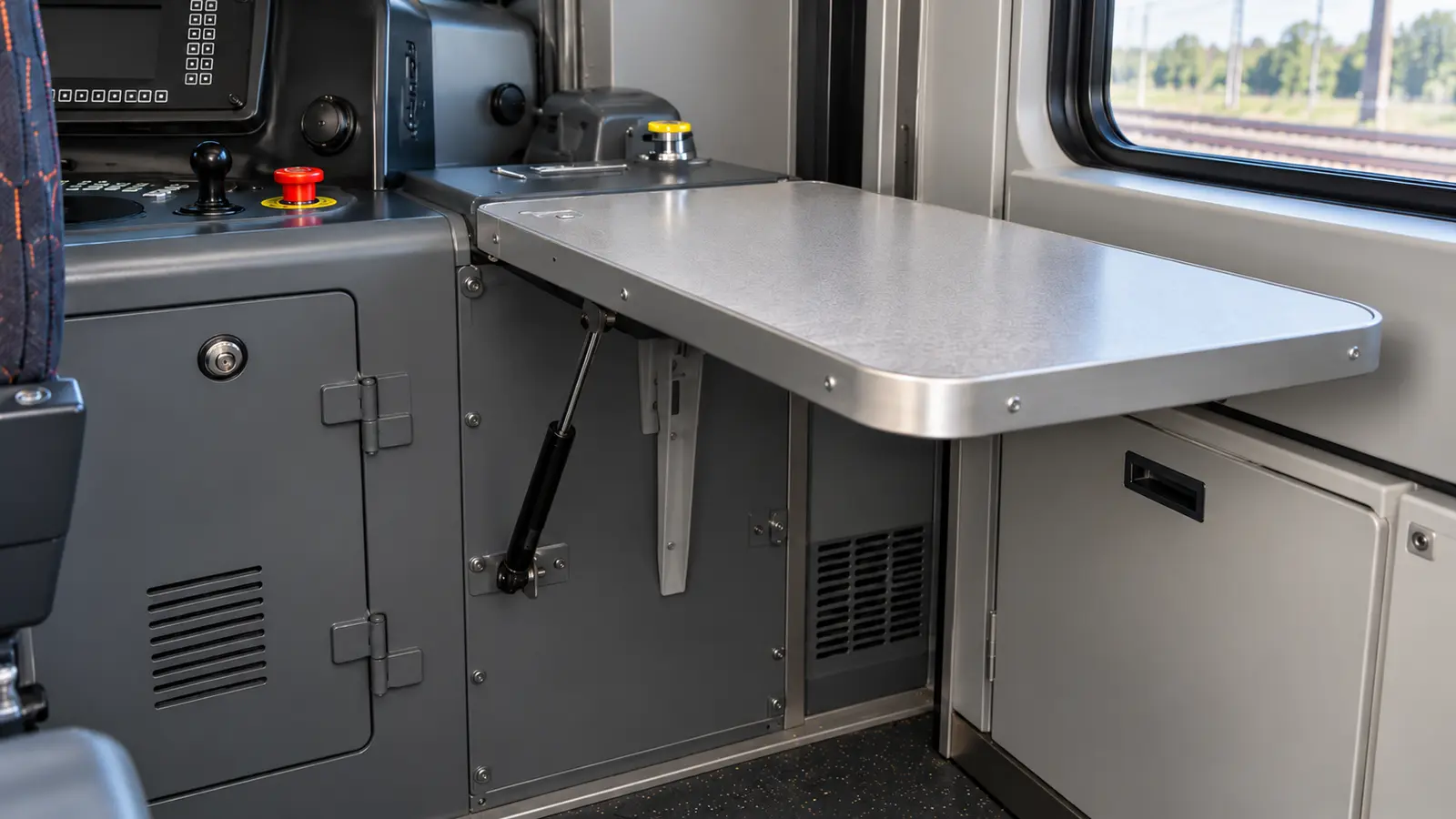 Railway cabin fold-down table held level by an NTA tension rigid lockable gas strut