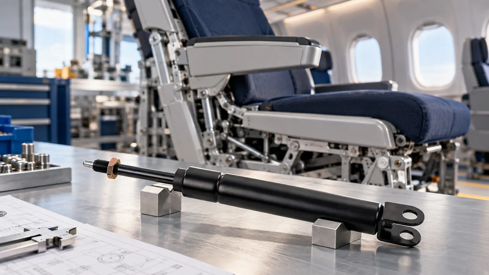 Aircraft passenger cabin seating and overhead luggage bins equipped with Newton aerospace gas springs