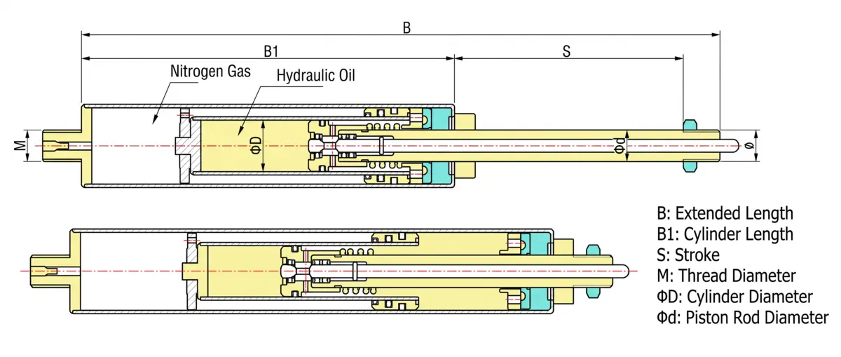 Double tube rigid locking gas spring dimensional schematic drawing