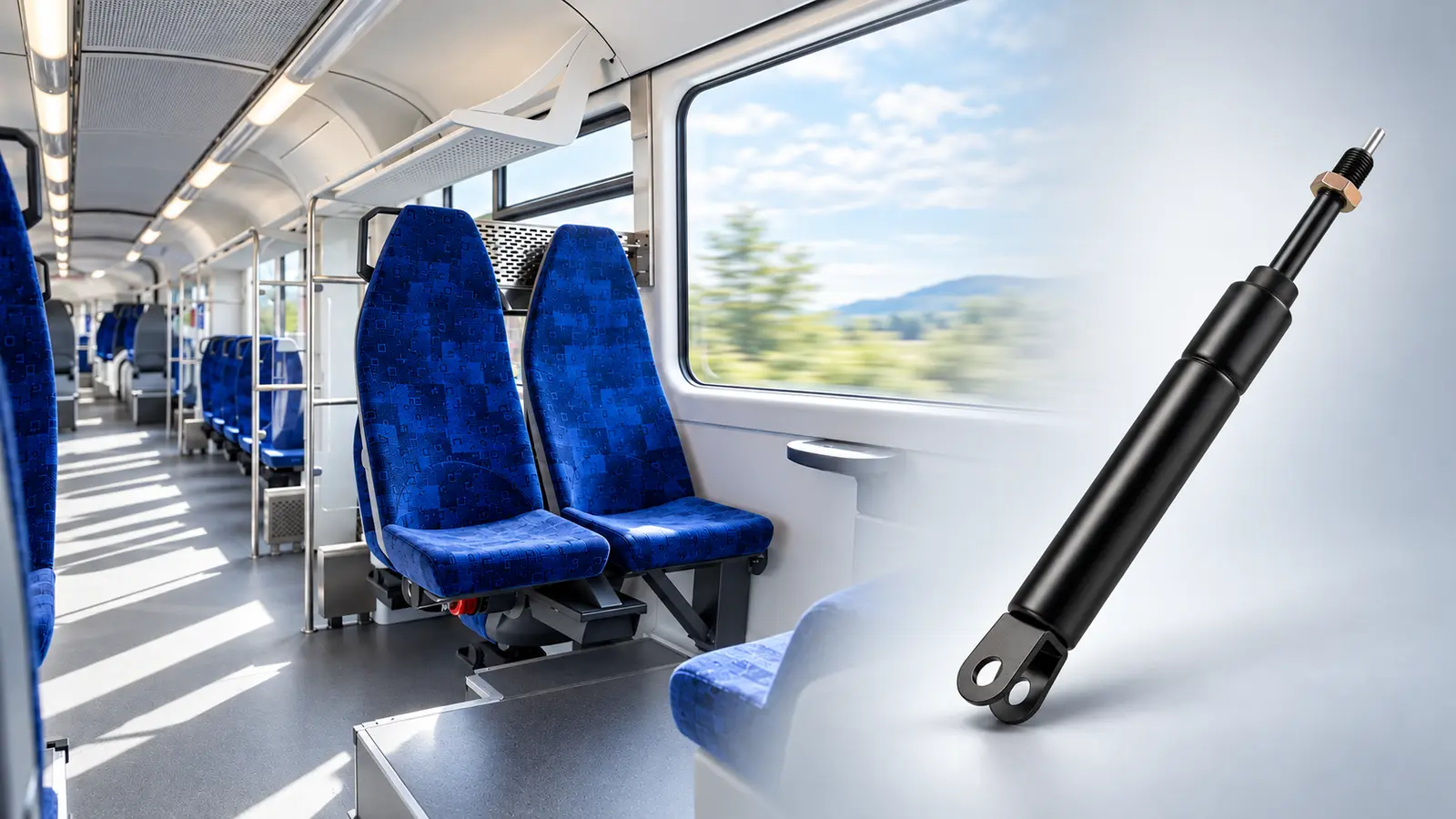 Train passenger and conductor seat recline supported by an NTG elastic lockable gas spring