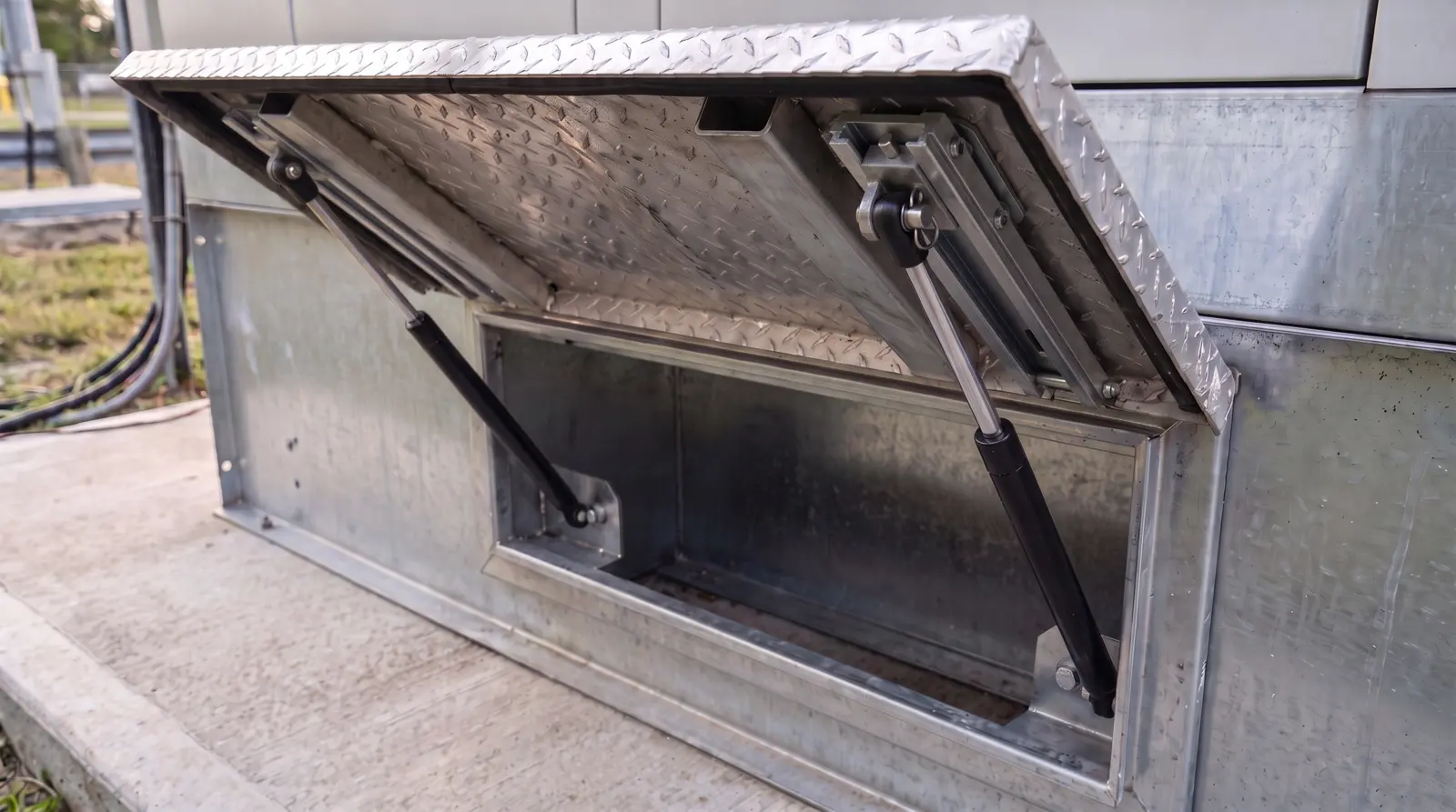 Stainless steel food-processing hopper flap and chute supported by a Newton stainless steel tension gas spring