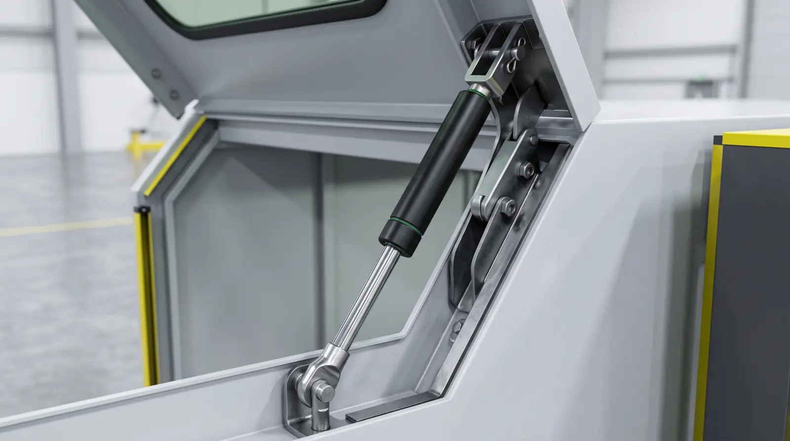 Industrial stamping press hinged safety guard raised open by a Newton NTZ heavy duty machinery guard gas strut