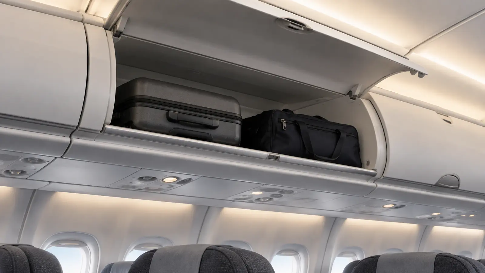 Open aircraft overhead luggage compartment held up by Newton NTZ damped overhead bin gas struts