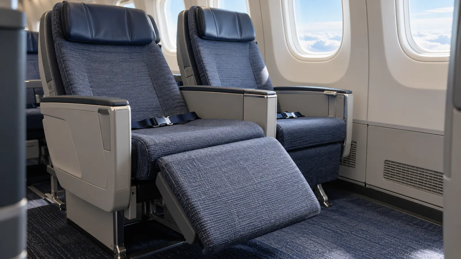 Premium economy aircraft seat with adjustable calf rest supported by an NTB compression-locking gas spring