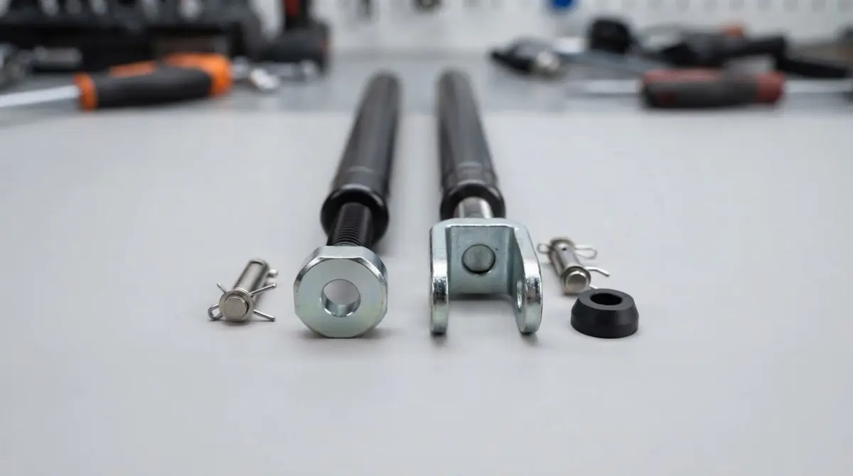 Metal and plastic single-ear eyelet and double-ear clevis end fittings for compression gas struts