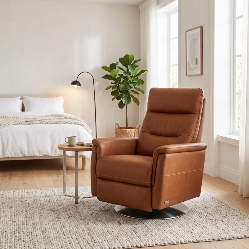 Modern reclining chair, standing desk, and overhead cabinet supported by Newton furniture gas springs