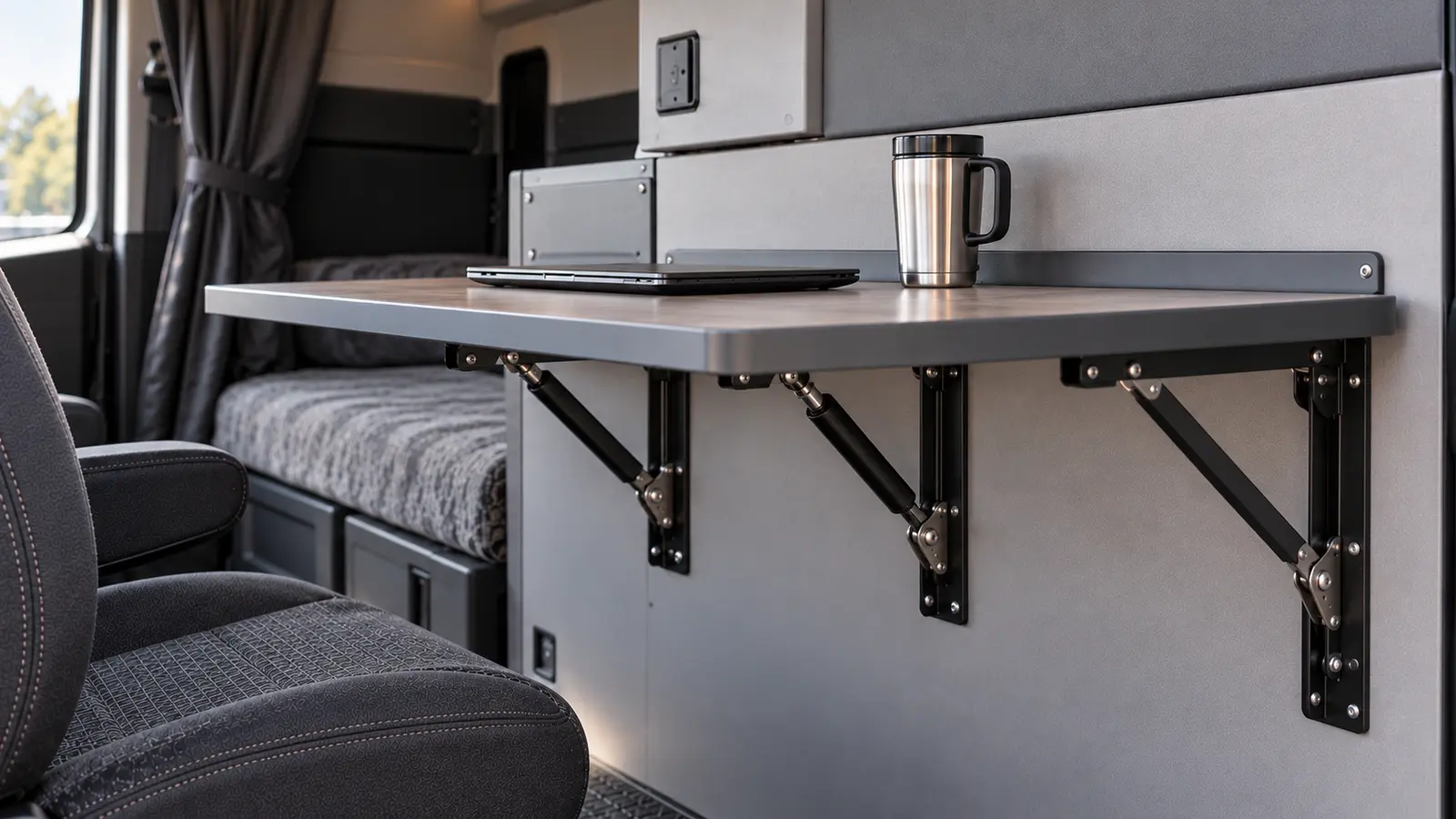 Fold-down truck sleeper cab table supported by an NTA extension-locking gas spring