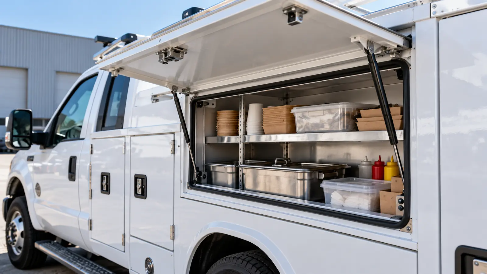 Service truck compartment hatch held open by an NTB rigid locking gas spring