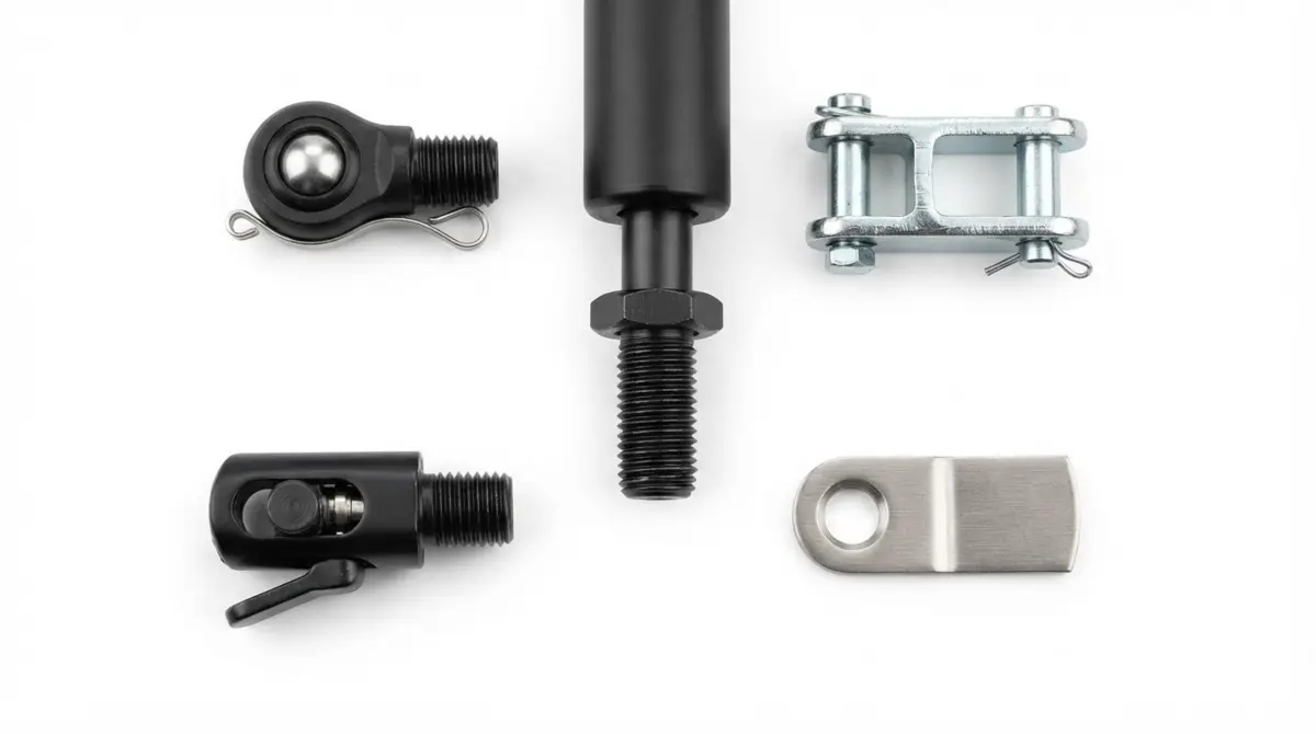 Industrial gas spring threaded rod with interchangeable ball socket, clevis fork, eyelet blade, and lockable release head fittings on a white background