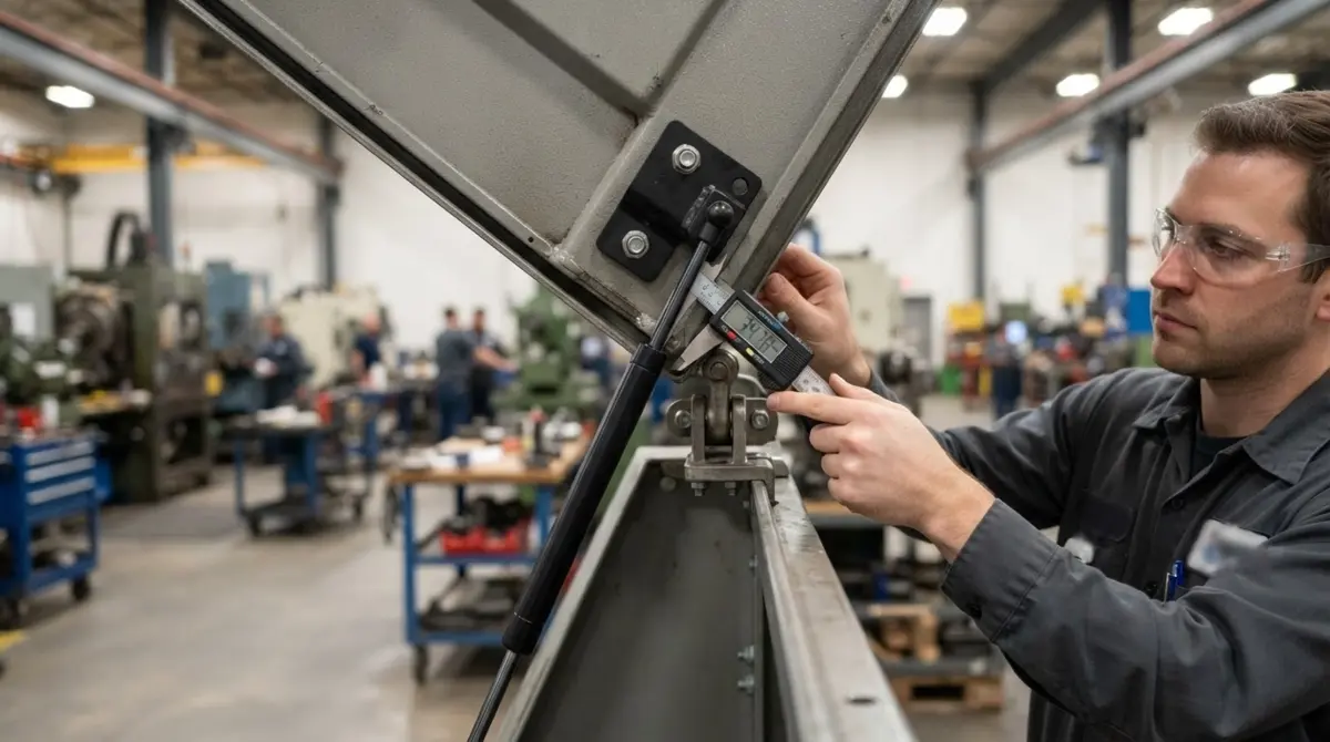 Mechanical engineer verifying hinge pivot lever arm distance on an industrial sheet metal hood with a black nitride gas spring