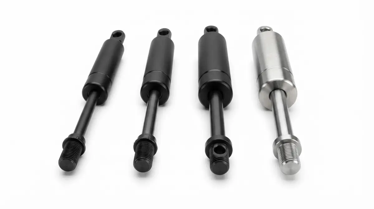 Studio comparison of 6/15 mm, 8/18 mm, 10/22 mm, and 14/28 mm industrial gas springs on a pure white background