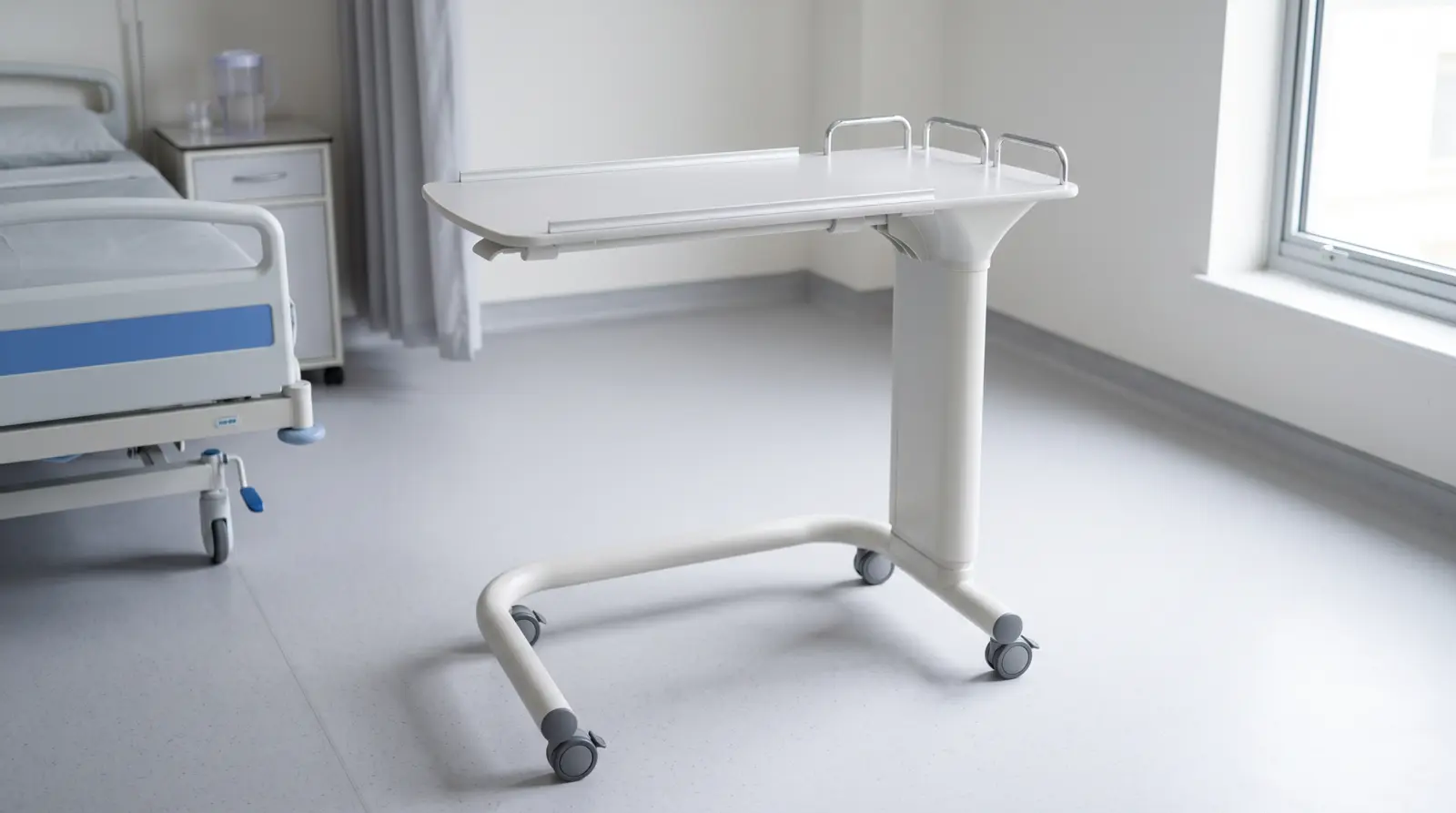 Height-adjustable mobile medical equipment cart and overbed table lifted by an NTC dual-tube locking gas spring