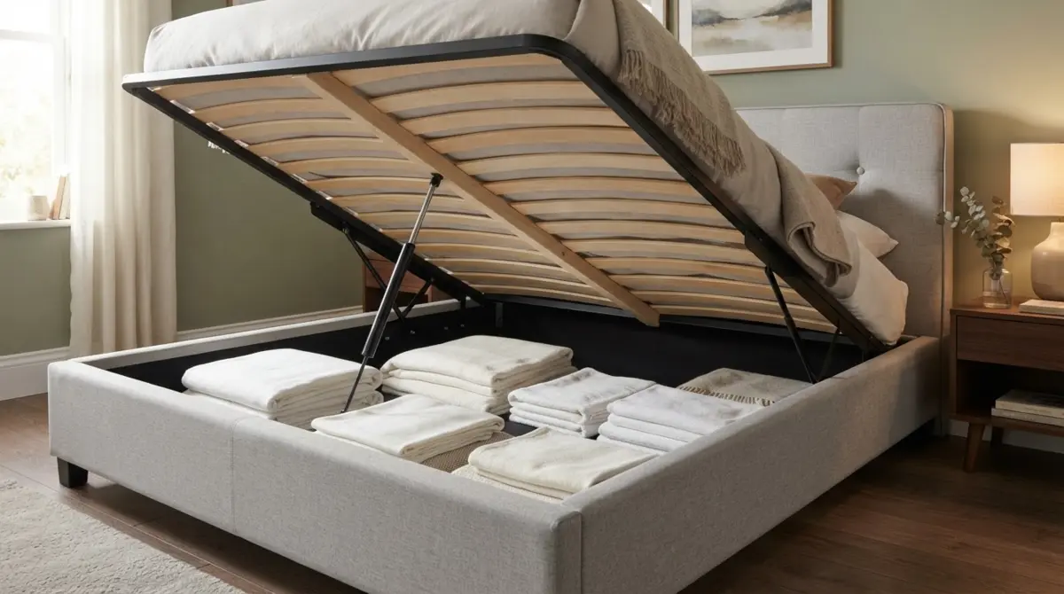 Ottoman storage bed frame lifted effortlessly by NTF furniture gas struts