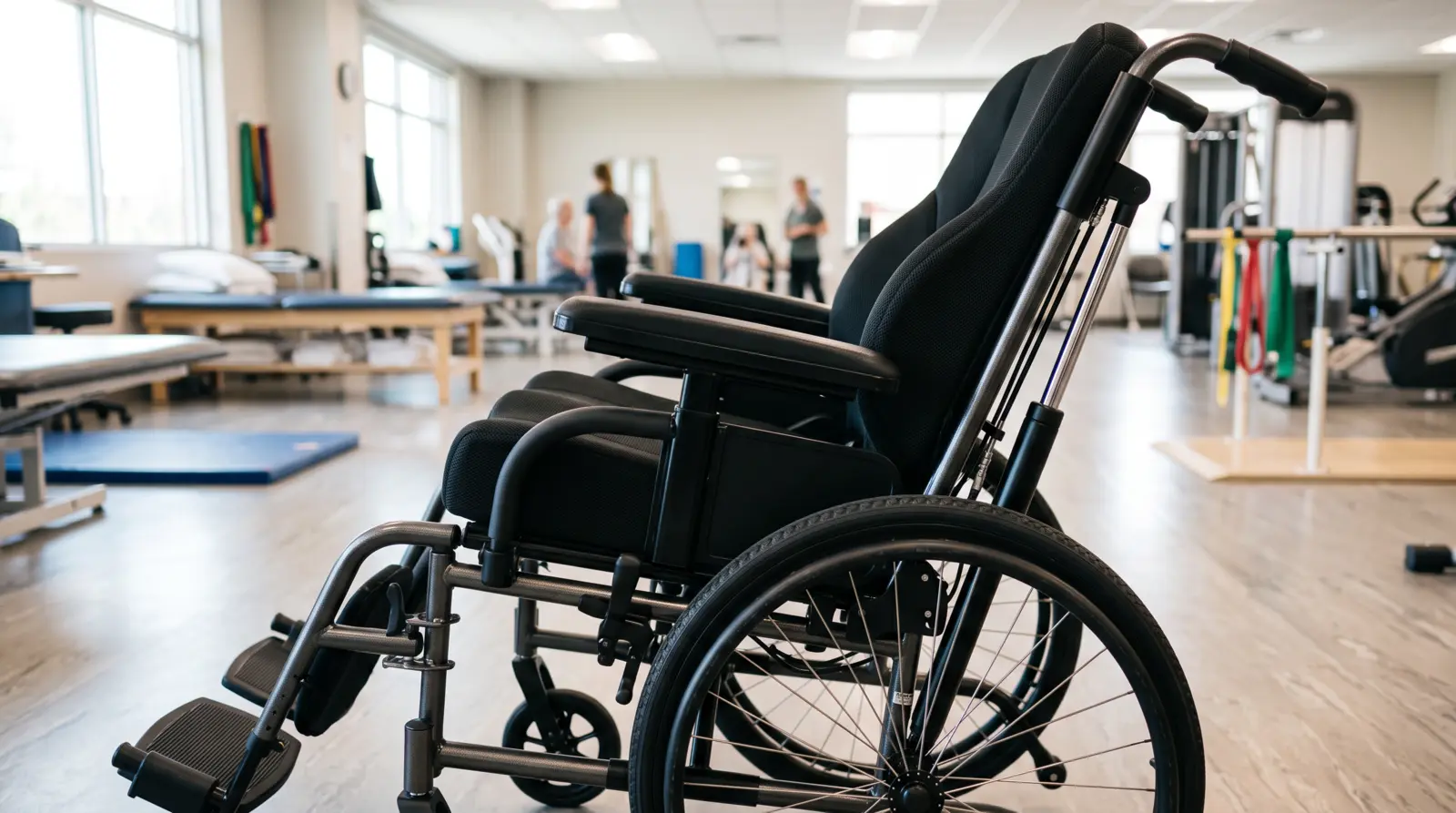Rehabilitation wheelchair using an NTG elastically lockable gas spring for backrest recline and slope balance
