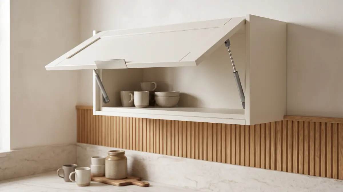 Flip-up kitchen wall cabinet door held open by a damped NTZ cabinet gas spring